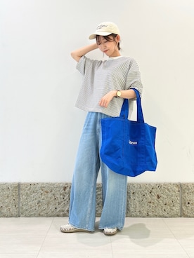 「FORK&SPOON（フォークアンドスプーン）のFORK&SPOON　マルチボーダーTシャツ（Tシャツ/カットソー、グレー系）」を使った、かなみさん（レディース・160cm）の春コーディネート