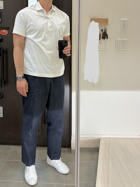 「オーダーメイドデニムスラックスのアイテム（デニムパンツ、ブルー系）」を使った、Chrisさん（メンズ・180cm）の春コーディネート