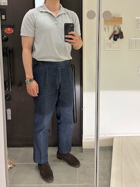 「月城ニットのアイテム（ポロシャツ、ブラック系）」を使った、Chrisさん（メンズ・180cm）の夏コーディネート