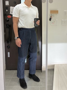 「オーダーメイドデニムスラックスのアイテム（デニムパンツ、ブルー系）」を使った、Chrisさん（メンズ・180cm）の秋コーディネート