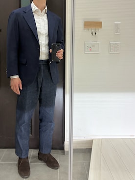 「オーダーメイドデニムスラックスのアイテム（デニムパンツ、ブルー系）」を使った、Chrisさん（メンズ・180cm）の春コーディネート