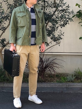 「ラガーシャツ」｜「アイテム（ミリタリージャケット）」を使った、Chrisさん（メンズ・181cm）の冬コーディネート