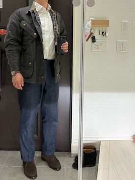 「オーダーメイドデニムスラックスのアイテム（デニムパンツ、ブルー系）」を使った、Chrisさん（メンズ・180cm）の夏コーディネート