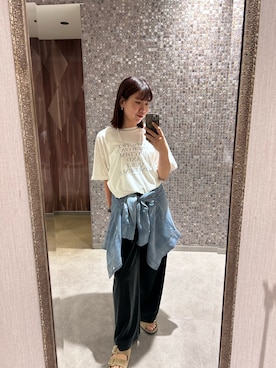 「SHENERY（シーナリー）のPRACTICEロゴBIGTee（Tシャツ/カットソー、ホワイト系）」を使った、IGARASHI_166cmさん（レディース・166cm）の夏コーディネート