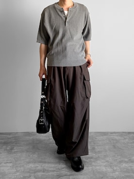 「WYM LIDNM（ウィム バイ リドム）のAZE H/S KNIT HENLEY（ニット/セーター、グレー系）」を使った、つね。さん（メンズ・174cm）の夏コーディネート