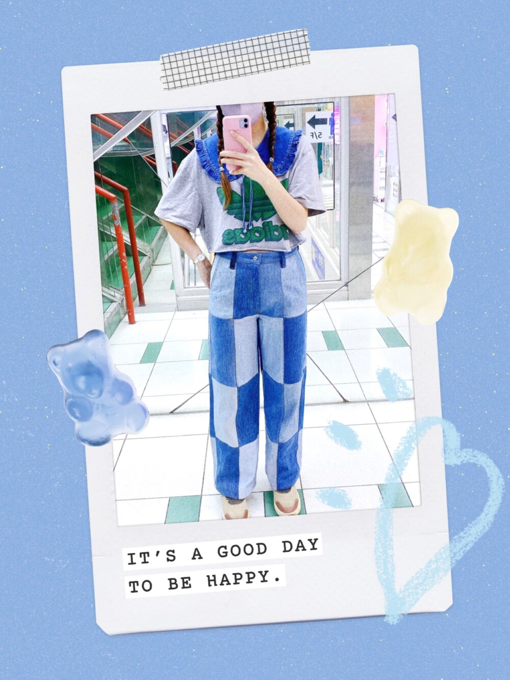 「牛仔褲、jeans、patchwork、denim、丹寧、vintage、VINTAGE、adidas、denim on denim、夏、夏服」｜「VINTAGEのアイテム（デニムパンツ、ブルー系）」を使った、dawong14さん（レディース・163cm）の夏コーディネートの1枚目の写真