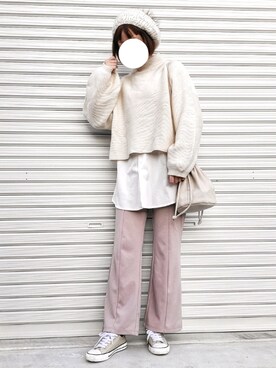 「MERLOT（メルロー）のハイネックバルーンスリーブニットトップス1000/079-7179（ニット/セーター）」を使った、アオさん（レディース・163cm）の秋コーディネート