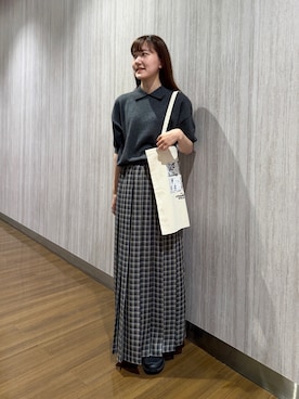 「EKAL（エカル）のハーフスリーブニットポロシャツ（ニット/セーター、グレー系）」を使った、rihokoさん（レディース・159cm）の夏コーディネート