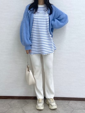 「one after another NICE CLAUP（ワンアフターアナザーナイスクラップ）のゆるっとメローボーダートップス（Tシャツ/カットソー）」を使った、okamu🍦骨格ストレートさん（レディース・159cm）の冬コーディネート