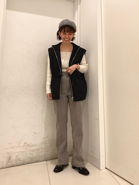 「スクエアトゥ」｜「アイテム（ハンチング/ベレー帽）」を使った、おりなさん（レディース・158cm）の秋コーディネート