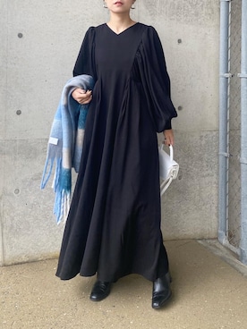 「チェックマフラー」｜「アイテム（ワンピース/ドレス）」を使った、mikaさん（レディース・157cm）の冬コーディネート