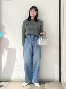 「LOWRYS FARM（ローリーズファーム）のマルチＷＡＹフリル２Ｐ 116691（ニット/セーター、グリーン系）」を使った、もえこさん（レディース・156cm）の冬コーディネート
