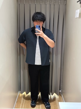 「ITEMS URBANRESEARCH（アイテムズ アーバンリサーチ）のヨウリュウ レギュラーカラー 半袖シャツ（シャツ/ブラウス、ブルー系）」を使った、たちばなさん（メンズ・180cm）の春コーディネート