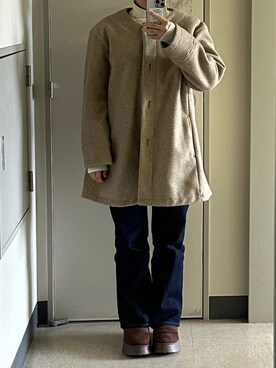 「しまむら（シマムラ）のアイテム（ノーカラーコート）」を使った、Mioさん（レディース・154cm）の冬コーディネート