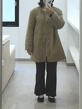 「しまむら（シマムラ）のアイテム（ノーカラーコート）」を使った、Mioさん（レディース・153cm）の冬コーディネート