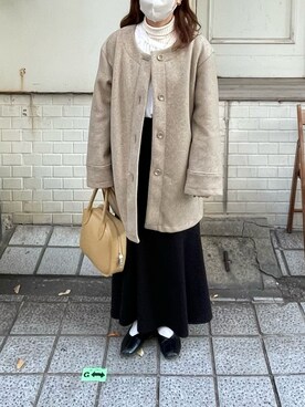 「しまむら（シマムラ）のアイテム（ノーカラーコート）」を使った、Mioさん（レディース・153cm）の冬コーディネート