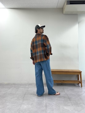 「DISCUS（ディスカス）の【DISCUS】別注シャギーチェックオーバーシャツジャケット（シャツ/ブラウス、オレンジ系）」を使った、Mr.KPさん（メンズ・175cm）の夏コーディネート