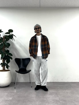 「DISCUS（ディスカス）の【DISCUS】別注シャギーチェックオーバーシャツジャケット（シャツ/ブラウス、オレンジ系）」を使った、Mr.KPさん（メンズ・175cm）の秋コーディネート