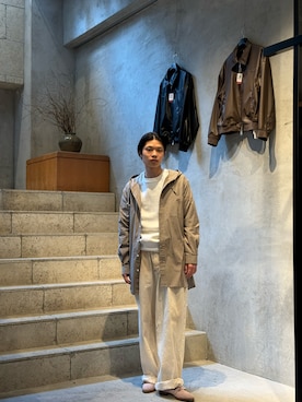 「Toironier（トワロニエ）のToironier/トワロニエ/HOODED SHIRTS（シャツ/ブラウス、ブラウン系）」を使った、llleiiiさん（メンズ・173cm）の春コーディネート