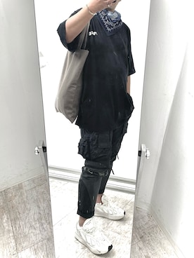 「VETEMENTS（ヴェトモン）のアイテム（Tシャツ/カットソー、ブラック系）」を使った、6000さん（メンズ・172cm）の夏コーディネート