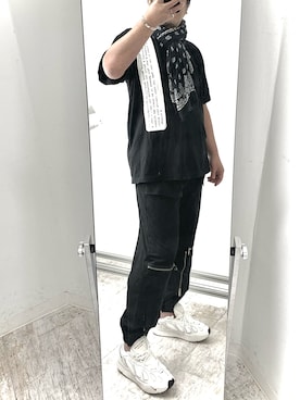 「MM6 Maison Margiela（ｴﾑｴﾑｼｯｸｽ ﾒｿﾞﾝ ﾏﾙｼﾞｪﾗ）のアイテム（Tシャツ/カットソー、ブラック系）」を使った、6000さん（メンズ・172cm）の夏コーディネート