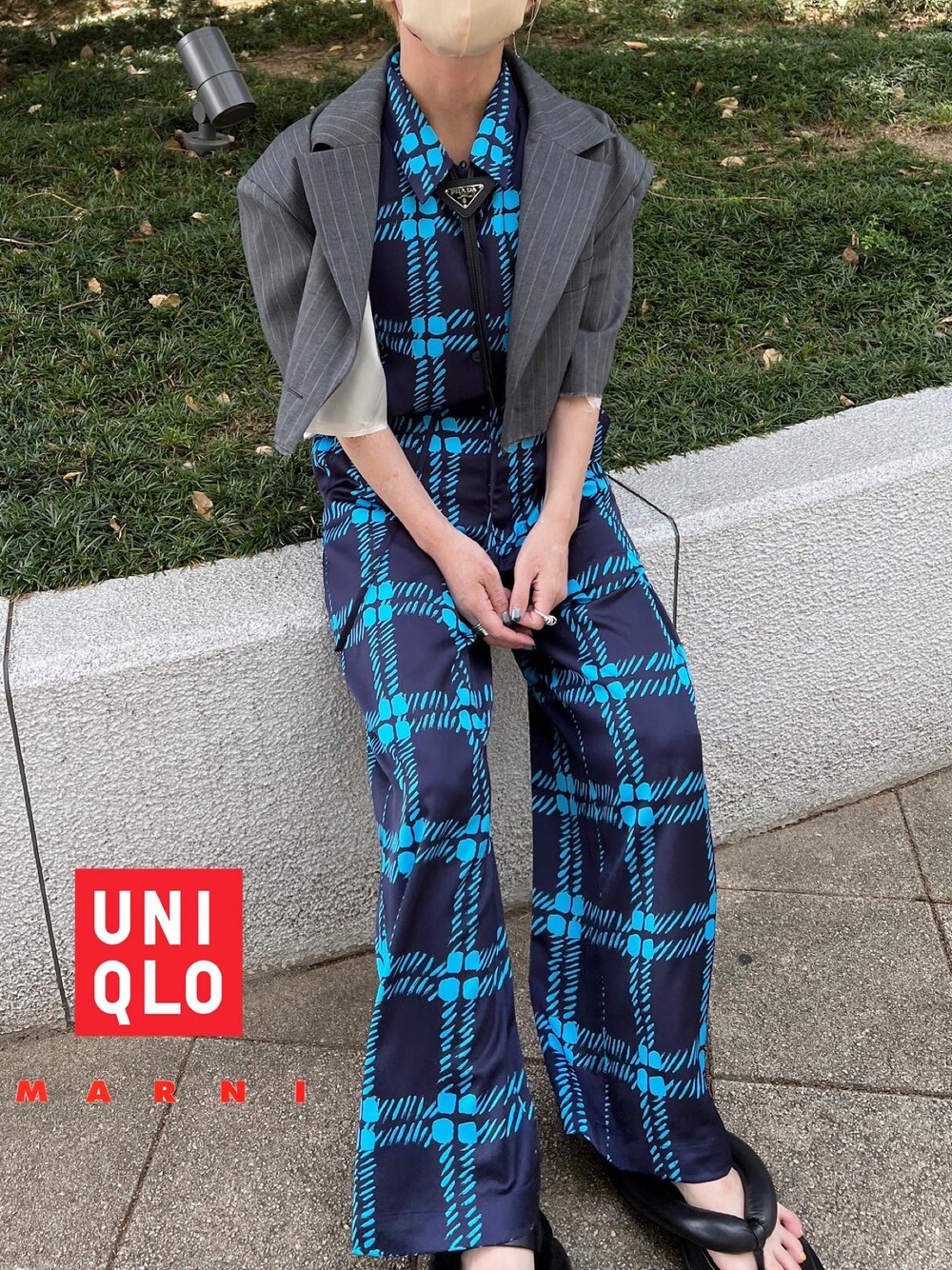 「オトナカジュアル、パンツスタイル、低身長コーデ、ゆるコーデ、リラックススタイル、シャツスタイル、UNIQLO、MARNI、MARNI x UNIQLO、チェックシャツ、チェックパンツ、ブルーコーデ、カラフルコーデ、セットアップ、セットアップスタイル」｜「UNIQLOのアイテム（シャツ/ブラウス、ブルー系）」を使った、yukari_riraさん（レディース・155cm）の春コーディネートの1枚目の写真