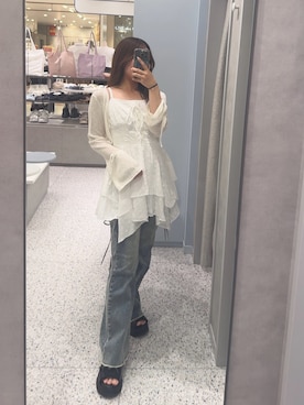 「OLIVE des OLIVE（オリーブデオリーブ）のアイテム（デニムパンツ）」を使った、ゆうかさん（レディース・155cm）の夏コーディネート