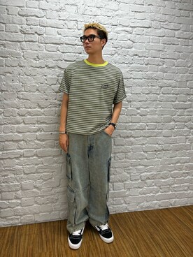 「CIAOPANIC（チャオパニック）の【ユニセックス】ドローコード付ボーダーTシャツ（Tシャツ/カットソー）」を使った、Reiyaさん（メンズ・180cm）の春コーディネート