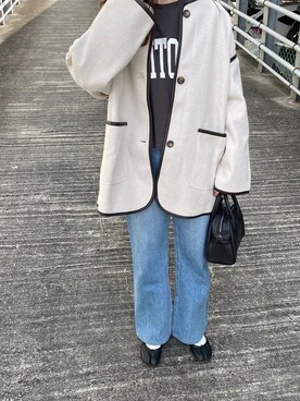 「ABITOKYO（アビトーキョー）のアイテム（ノーカラーコート）」を使った、a__yaさん（レディース・158cm）の秋コーディネート