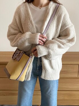 「titivate（ティティベイト）のﾛｰｹﾞｰｼﾞﾊﾝﾄﾞﾗｲｸﾆｯﾄｶｰﾃﾞｨｶﾞﾝ（カーディガン/ボレロ）」を使った、a__yaさん（レディース・158cm）の冬コーディネート