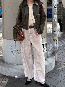 「MOUSSY（マウジー）の【26年SS新作】COMPACT F/LEATHER ブルゾン（ブルゾン、ブラウン系）」を使った、MOUSSY OFFICIALさん（レディース・170cm）の春コーディネート