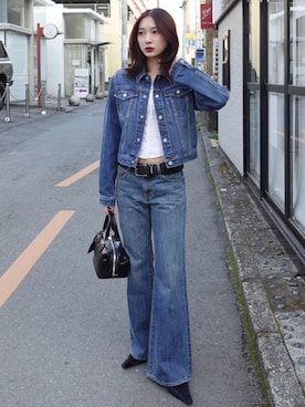 「MOUSSY（マウジー）の【26年SS新作】【セットアップ対応】TENCEL(TM) DENIM ショートジャケット（その他アウター、ブルー系）」を使った、MOUSSY OFFICIALさん（レディース・170cm）の春コーディネート