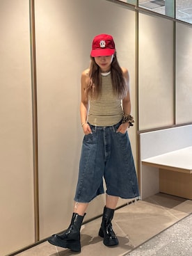 「THE GOODLAND MARKET（ザグッドランドマーケット）のPretty Good　ベルサイユベーカリーズCAP（キャップ、レッド系）」を使った、YUIさん（レディース・164cm）の夏コーディネート