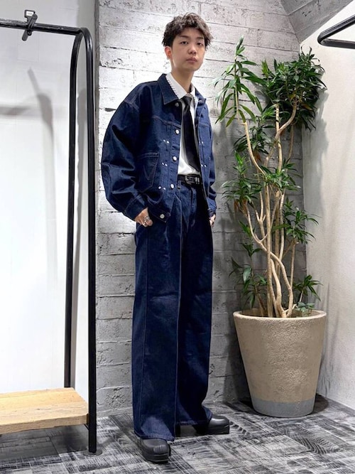 ★HARE ハレ デニム地セットアップ スーツ ストレッチ テーラード ジャケット パンツ ブルー系 サイズＳ スリム 上下 中古★ジャンク扱い