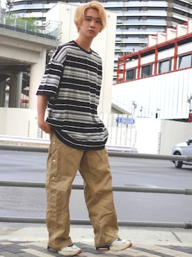 「Adoon plain（アドーンプレーン）のアイテム（Tシャツ/カットソー）」を使った、加藤元気さん（メンズ・177cm）の夏コーディネート