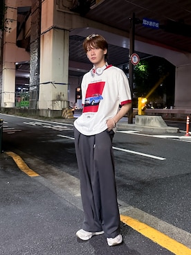 「Starting Over（スターティングオーバー）のアイテム（トップス）」を使った、加藤元気さん（メンズ・177cm）の夏コーディネート