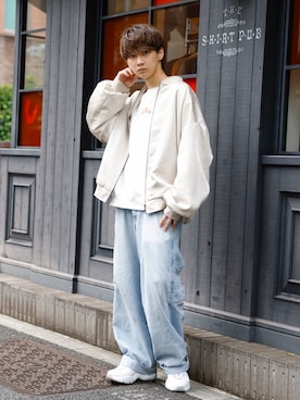 「JUNRED（ジュンレッド）のアイテム（MA-1）」を使った、加藤元気さん（メンズ・177cm）の秋コーディネート