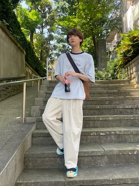 「Y-3（ワイスリー）のアイテム（サンダル）」を使った、加藤元気さん（メンズ・177cm）の夏コーディネート