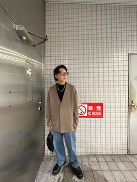 「tk.TAKEO KIKUCHI（ティーケータケオキクチ）のアイテム（ノーカラージャケット）」を使った、ゆうさん（メンズ・167cm）の秋コーディネート