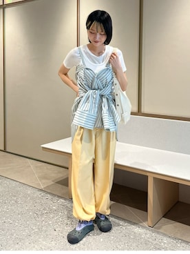 「THE GOODLAND MARKET（ザグッドランドマーケット）のcwtch　STRIPE 2WAY SHIRT（シャツ/ブラウス、グリーン系）」を使った、anonさん（レディース・165cm）の夏コーディネート