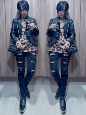 「アイテム（ライダースジャケット）」を使った、NNTNさん（レディース・163cm）の秋コーディネート