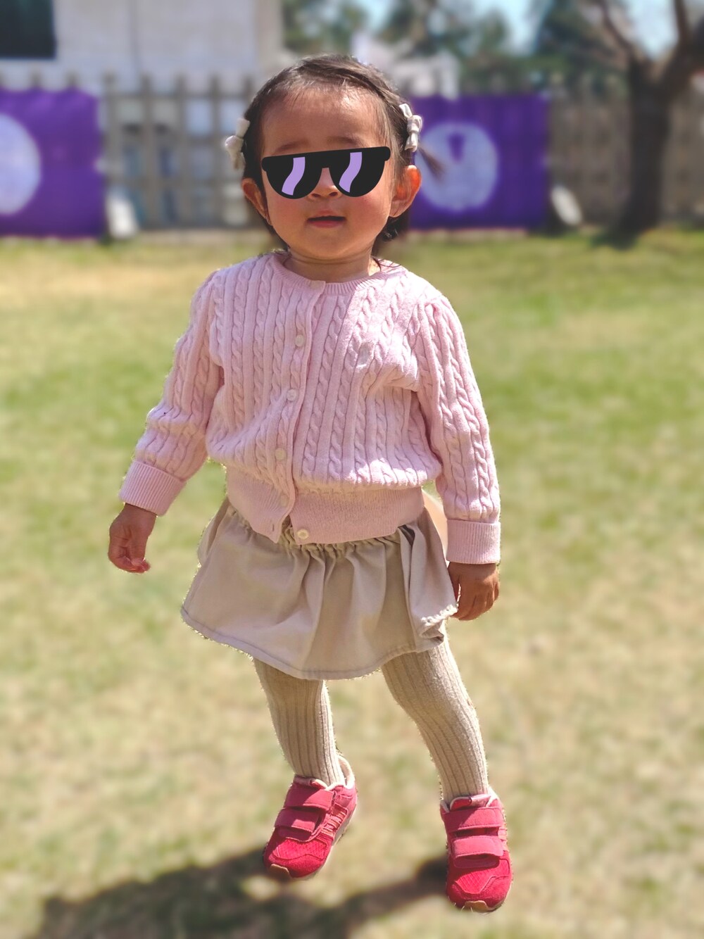 「キッズファッション、1歳、1歳3ヶ月、春コーデ、女の子コーデ、パステルカラー」｜「POLO RALPH LAUREN CHILDRENSWEARのケーブルニット コットン カーディガン（カーディガン/ボレロ、ピンク系）」を使った、Raviさん（キッズ・80cm）の春コーディネートの1枚目の写真