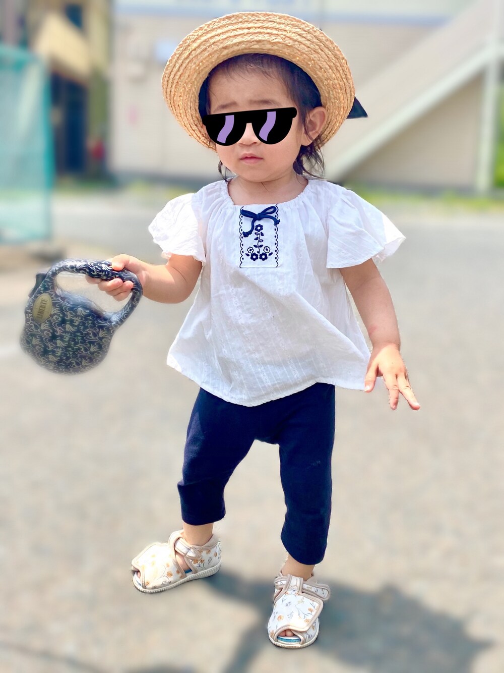 「夏コーデ、カジュアルコーデ、女の子コーデ、麦わら帽子、お散歩コーデ、1歳、1歳5ヶ月、西松屋」｜「ZARA KIDSのアイテム（帽子、ベージュ系）」を使った、Raviさん（キッズ・80cm）の夏コーディネートの1枚目の写真