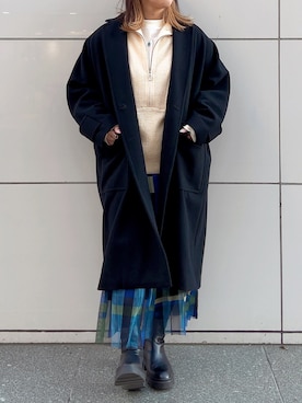 「ニットベスト」｜「アイテム（チェスターコート）」を使った、クロマメさん（レディース・161cm）の冬コーディネート