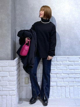 「スリットパンツ」｜「アイテム（ブルゾン）」を使った、みはさん（レディース・155cm）の冬コーディネート