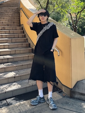 「HANES（ヘインズ）の【Hanes】KURO クルーネックTシャツ　HM1-B201（Tシャツ/カットソー）」を使った、がーさん（メンズ・177cm・30代）の夏コーディネート