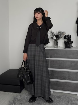 「ARVELLIA（アルベリア）のLACE CONTRAST SHIRT（シャツ/ブラウス、ブラック系）」を使った、comachiさん（レディース・163cm）の夏コーディネート