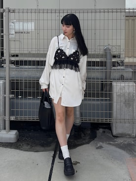 「PAGEBOY（ページボーイ）のスナップサテンチュニックシャツ（シャツ/ブラウス、ホワイト系）」を使った、comachiさん（レディース・163cm）の夏コーディネート
