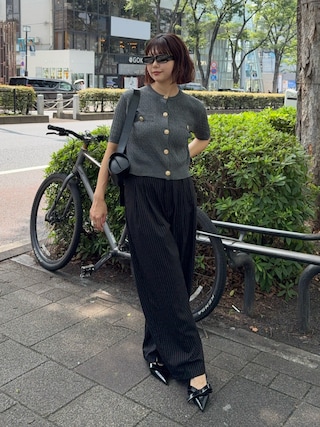 「tiptop（ティップトップ）の金釦半袖ケーブルカーディガン（カーディガン/ボレロ）」を使った、UKIさん（レディース・155cm）の夏コーディネート