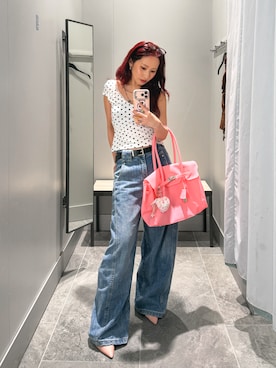 「SHEINのアイテム（Tシャツ/カットソー、ホワイト系）」を使った、HARUYOさん（レディース・157cm）の夏コーディネート